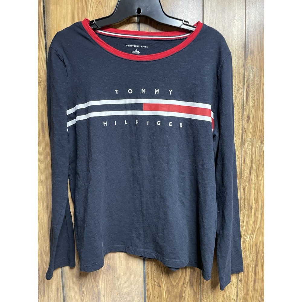 Tommy Hilfiger Womens Navy Shirt Large Long Sleeve Red White Blue